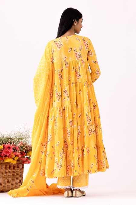 Shop_Abbaran_Yellow Cotton Embroidery Round Neck Floral Print Anarkali Set _at_Aza_Fashions