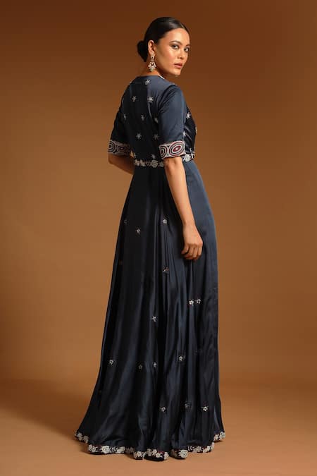 Shop Sejal Kamdar Blue Pure Satin Crepe Print Flower Embroidered Jacket Tunic With Pant at Aza Fashions Shop_Sejal Kamdar_Blue Pure Satin Crepe Print Flower Embroidered Jacket Tunic With Pant _at_Aza_Fashions