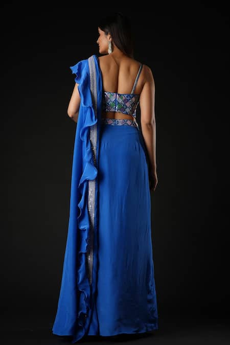 Vana Ethnics_Blue Viscose Sequins, Cut Work Pre-draped Saree With Hand Embroidered Bustier _Online_at_Aza_Fashions