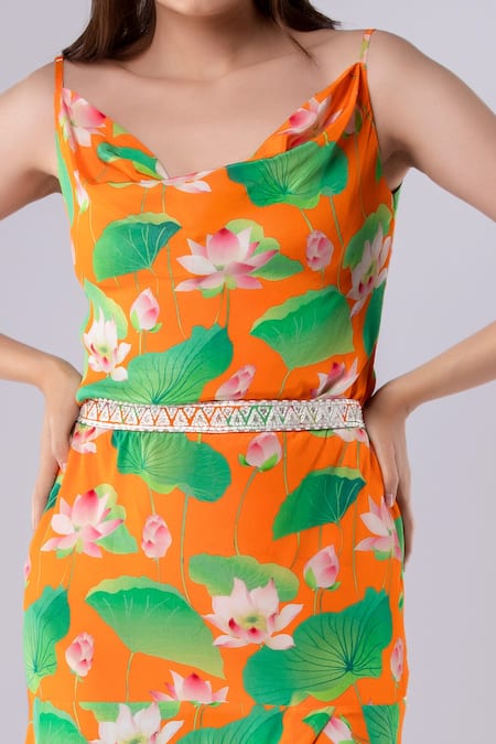 Tangerine Tiger Lotus Print Cowl Neck Top 