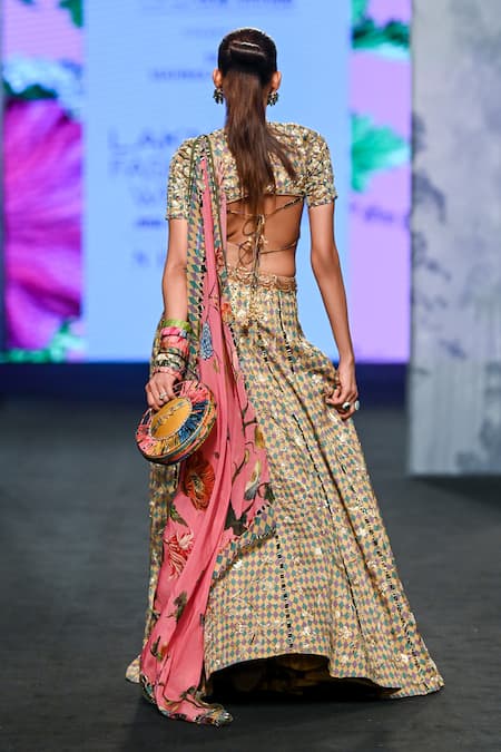 Shop Mahima Mahajan Multi Color Satin, Organza Sequins, Checkered Print Bridal Lehenga Set at Aza Fashions Shop_Mahima Mahajan_Multi Color Satin, Organza Sequins, Checkered Print Bridal Lehenga Set _at_Aza_Fashions