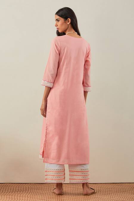 Shop_The Indian Cause_Peach Cotton Embroidery, Sequins Round Neck Rozana Placket Kurta _at_Aza_Fashions
