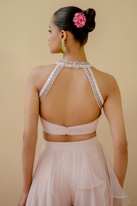 Mint Blush Halter Neck Crop Top With Ruffled Kalidar Pant 