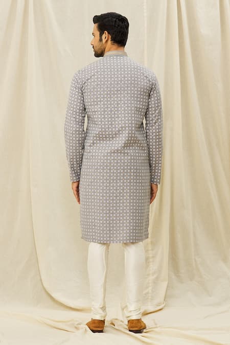Shop_Arihant Rai Sinha_Grey Handloom Cotton Printed Kurta _at_Aza_Fashions