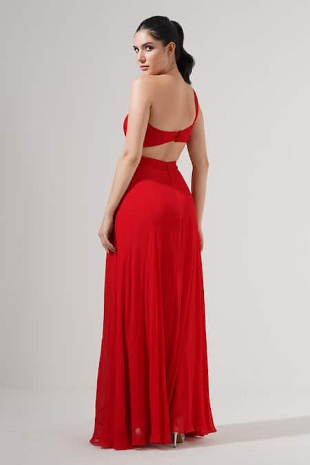 Shop_Amrta By Guneet Kondal_Red Viscose Beads One Shoulder Gown _at_Aza_Fashions