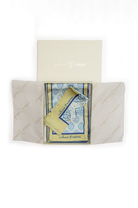 Shop Rabani & Rakha Multi Color Floral Vine Print Neck Stole And Pocket Square Gift Box - Set Of 2 at Aza Fashions Shop_Rabani & Rakha_Multi Color Floral Vine Print Neck Stole And Pocket Square Gift Box - Set Of 2 _at_Aza_Fashions