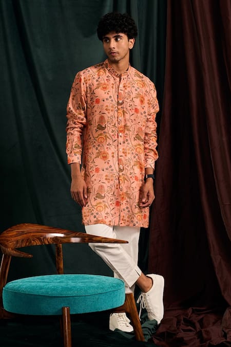 Shop_Project Bandi_Pink Cotton Embroidery Garden Of Eden Printed Kurta Set _at_Aza_Fashions