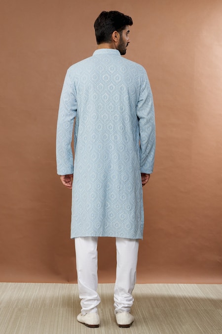 Shop Aham-Vayam Blue Cotton Sequins Jahaan Embroidered Kurta And Churidar Set at Aza Fashions Shop_Aham-Vayam_Blue Cotton Sequins Jahaan Embroidered Kurta And Churidar Set _at_Aza_Fashions