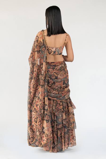 Shop Nikita Vishakha Multi Color Georgette, Printed Silk Floral Pre-draped Skirt Saree With Blouse at Aza Fashions Shop_Nikita Vishakha_Multi Color Georgette, Printed Silk Floral Pre-draped Skirt Saree With Blouse_at_Aza_Fashions