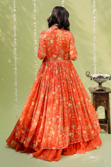 Shop_Redpine Designs_Orange Viscose Georgette Cutdana, Floral, Sequins, Print Jacket Lehenga Set _at_Aza_Fashions
