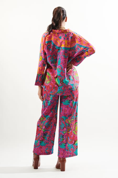 Shop Cin Cin Magenta Cotton Lace Collared Gulaab Printed Top And Pant Set at Aza Fashions Shop_Cin Cin_Magenta Cotton Lace Collared Gulaab Printed Top And Pant Set_at_Aza_Fashions