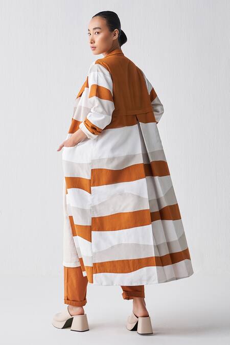 Shop_THREE_Orange Chanderi, Crepe, Handloom Cotton Applique Collared Long Jacket _at_Aza_Fashions
