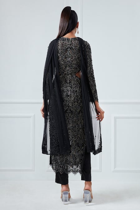 Shop House of Exotique Black Chiffon, Lace, Satin, Net Embroidery Round Neck Embellished Kurta Set at Aza Fashions Shop_House of Exotique_Black Chiffon, Lace, Satin, Net Embroidery Round Neck Embellished Kurta Set _at_Aza_Fashions