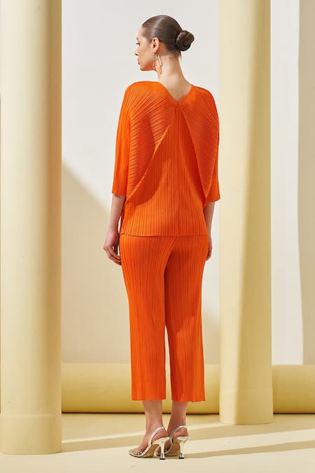 Shop_Pleats By Aruni_Orange Polyester Fringe V-neck Layered Top And Culotte Pant Set_at_Aza_Fashions