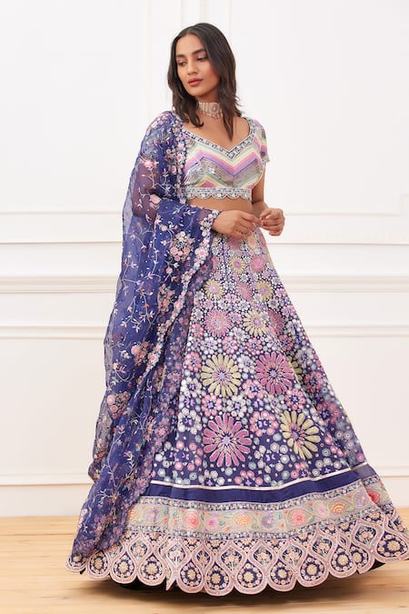 Shop Rahul Mishra Blue Silk, Viscose, Organza Embroidery, Mirrors Keyhole Aaina Hand Lehenga Set at Aza Fashions Shop_Rahul Mishra_Blue Silk, Viscose, Organza Embroidery, Mirrors Keyhole Aaina Hand Lehenga Set _at_Aza_Fashions