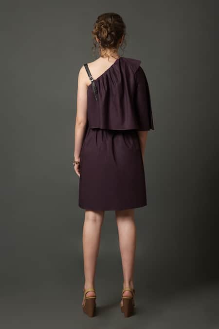 Shop House Of Behram Wine Cotton One Shoulder Layered Hem Dress at Aza Fashions Shop_House Of Behram_Wine Cotton One Shoulder Layered Hem Dress _at_Aza_Fashions