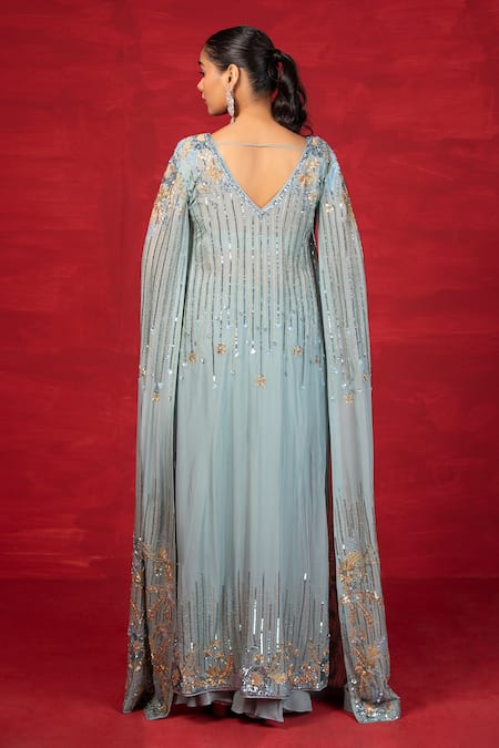 Buy_Miku Kumar_Blue Satin Organza, Georgette Bead, Sequin And Cut Dana Embroidered Palazzo Set_Online_at_Aza_Fashions