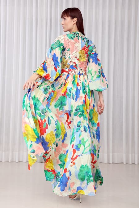 Shop Mandira Wirk Resort Multi Color Chiffon Cut Work Round Neck Hibiscus Print Dress at Aza Fashions Shop_Mandira Wirk Resort_Multi Color Chiffon Cut Work Round Neck Hibiscus Print Dress _at_Aza_Fashions