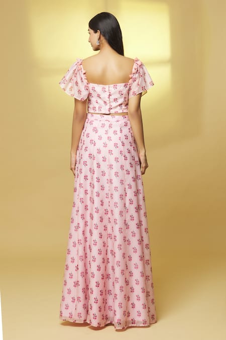 Shop Kalakaari By Sagarika Pink Cotton, Chiffon Tassels, Mirrors Square Chanderi Floral Print Lehenga Set at Aza Fashions Shop_Kalakaari By Sagarika_Pink Cotton, Chiffon Tassels, Mirrors Square Chanderi Floral Print Lehenga Set _at_Aza_Fashions