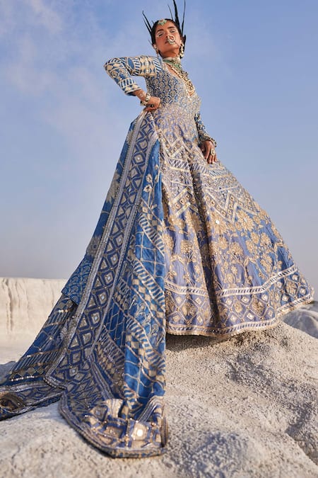Shop_The Royaleum_Blue Silk, Organza Sequins, Embroidery V-neck Patola Anarkali With Dupatta _at_Aza_Fashions