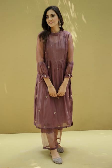 Shop Naaz By Noor Purple Cotton, Organza, Chanderi Heart Patch Round 3d Long Kurta And Pant Set at Aza Fashions Shop_Naaz By Noor_Purple Cotton, Organza, Chanderi Heart Patch Round 3d Long Kurta And Pant Set _at_Aza_Fashions
