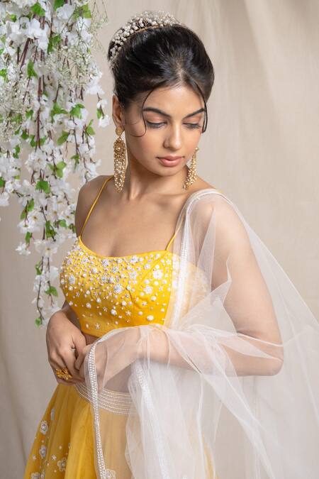 Shop Sanjev Marwaaha Yellow Organza, Tulle, Modal Pearls, Sequins, Cut Floral Embroidered Lehenga Set at Aza Fashions Shop_Sanjev Marwaaha_Yellow Organza, Tulle, Modal Pearls, Sequins, Cut Floral Embroidered Lehenga Set_at_Aza_Fashions