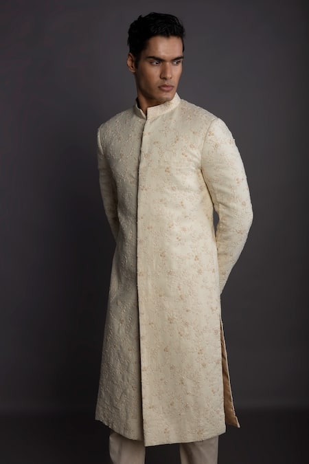 Shop Gram Of Ink Off White Silk Embroidery Forest Floral Sherwani Set at Aza Fashions Shop_Gram Of Ink_Off White Silk Embroidery Forest Floral Sherwani Set_at_Aza_Fashions