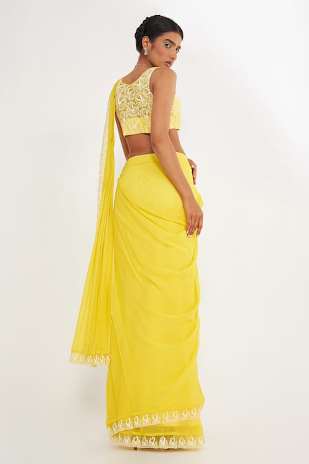 Shop Asaga Yellow Silk, Georgette, Linen Embroidery V-neck Olivia Pre-draped Saree Set at Aza Fashions Shop_Asaga_Yellow Silk, Georgette, Linen Embroidery V-neck Olivia Pre-draped Saree Set _at_Aza_Fashions