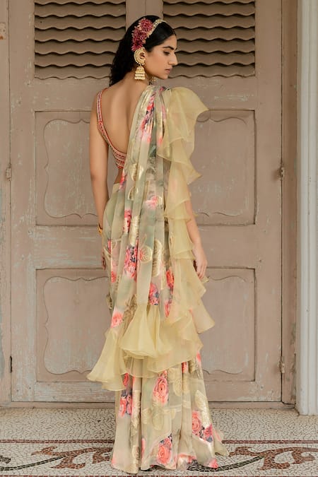 Amrin Khan_Green Georgette Floral Print And Beads Notched Saree With Blouse _Online_at_Aza_Fashions