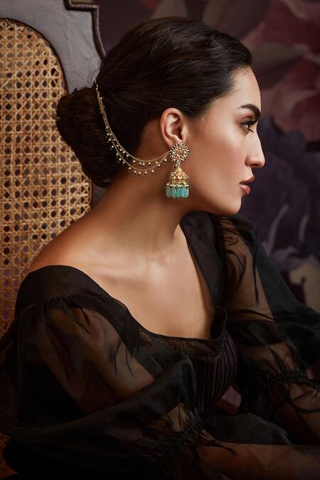 Shop Paisley Pop Green Kundan, Shell-pearls Mint Pearl Jhumka Earrings at Aza Fashions Shop_Paisley Pop_Green Kundan, Shell-pearls Mint Pearl Jhumka Earrings_at_Aza_Fashions
