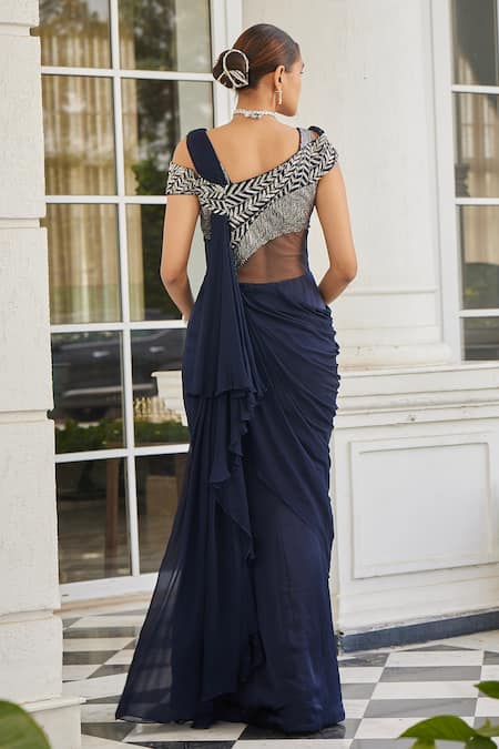 Charu And Vasundhara Navy Blue Embroidered Pre-Draped Saree Gown 
