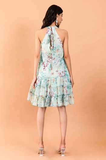Aroop Shop India_Green Chiffon Halter Neck Aliza Catmint Print High Low Dress _Online_at_Aza_Fashions