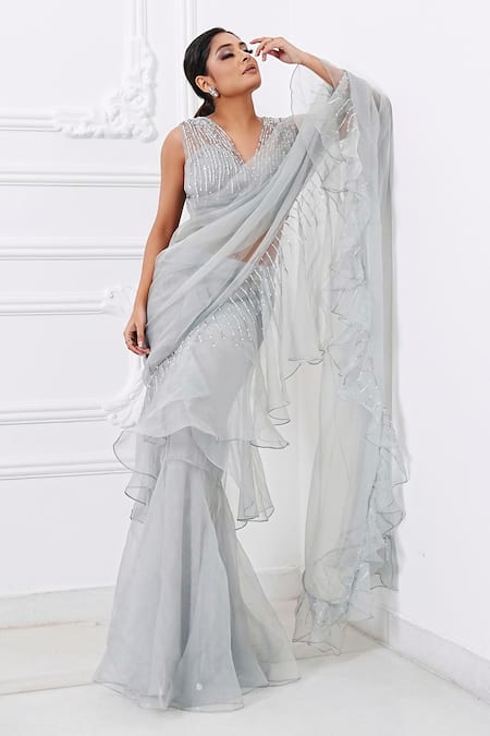 Amrta By Guneet Kondal Grey Hand Embroidered Ruffle Saree Set 