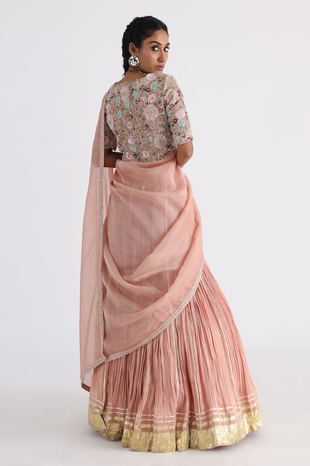 Shop_Smriti By Anju Agarwal_Peach Saree  Tissue And Bam Silk Hand Inaya Pleated Skirt With Blouse _at_Aza_Fashions