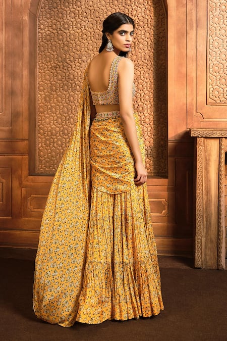 Shop_Aneesh Agarwaal_Yellow Chiffon, Organza, Pre-draped Floral Print Sharara Saree And Blouse Set _at_Aza_Fashions