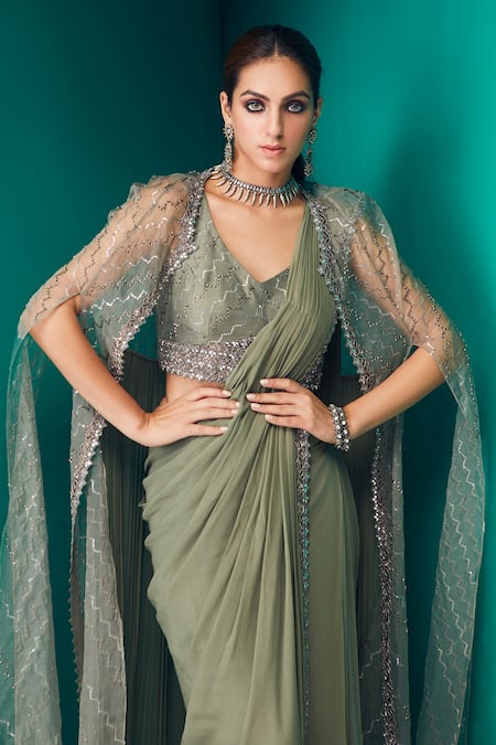 Shop Rishi And Soujit Green Georgette Embroidery Geometric Pre-draped Saree With Sheer Cape at Aza Fashions Shop_Rishi And Soujit_Green Georgette Embroidery Geometric Pre-draped Saree With Sheer Cape _at_Aza_Fashions