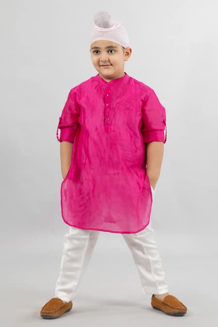 Shop_Darleen Kids Couture_Magenta Chanderi Embroidery Kurta And Pant Set _at_Aza_Fashions