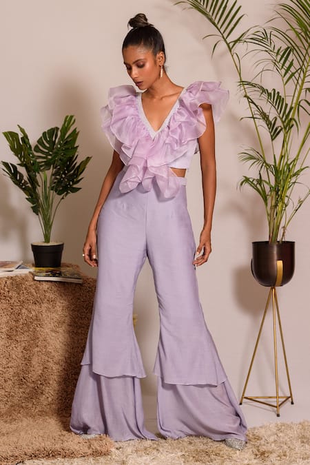 Shop Vanshika Agarwal Label Purple Organza, Pleated Chiffon, Bamberg Silk, Lining Embroidered Top And Pant Set at Aza Fashions Shop_Vanshika Agarwal Label_Purple Organza, Pleated Chiffon, Bamberg Silk, Lining Embroidered Top And Pant Set _at_Aza_Fashions