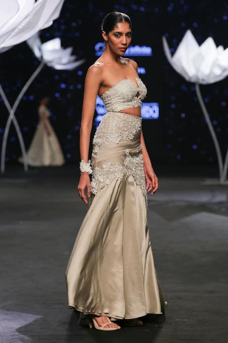 Disha Patil Placement Lotus Embroidered Skirt With Corset Blouse 