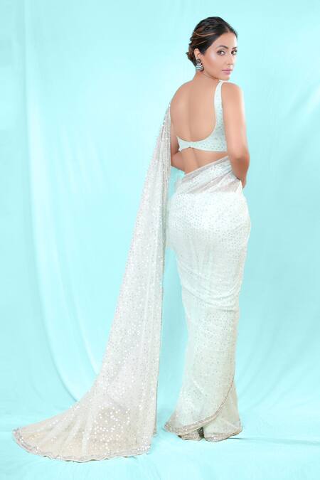 Shop Neeta Lulla Blue Tulle Pearl, Stones Plunge Lela Sequin Saree With Embroidered Blouse at Aza Fashions Shop_Neeta Lulla_Blue Tulle Pearl, Stones Plunge Lela Sequin Saree With Embroidered Blouse_at_Aza_Fashions