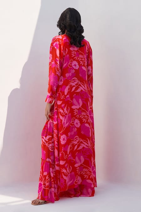 Shop Archana Shah Red Silk Embroidered Zari Work V Neck Hilong Pomo Pattern Jacket And Sharara Set at Aza Fashions Shop_Archana Shah_Red Silk Embroidered Zari Work V Neck Hilong Pomo Pattern Jacket And Sharara Set _at_Aza_Fashions