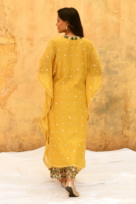 Shop_Label Niti Bothra_Yellow Silk, Bamboo Embroidery V-neck 3d Rosette Motif Kaftan With Palazzo _at_Aza_Fashions