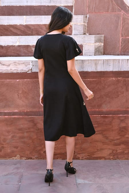 Gulaal_Black Cotton Fabric Flowers Round Neck Embroidered Dress _Online_at_Aza_Fashions
