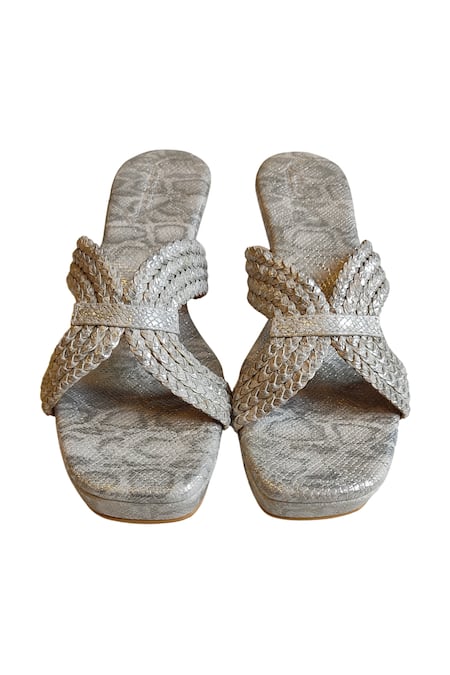 Cinderella By Heena Yusuf Textured Curved Braided Strap Wedges 