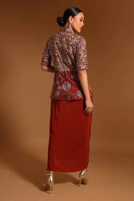 Shop_Sejal Kamdar_Maroon Pure Satin Crepe Embellished Ajrak Pattern Bodice Draped Dress  _at_Aza_Fashions
