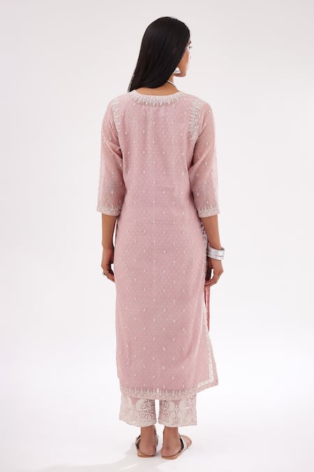 Shop Kora Pink , Satin Sequins, Embroidery Chanderi Straight Kurta Pant Set at Aza Fashions Shop_Kora_Pink , Satin Sequins, Embroidery Chanderi Straight Kurta Pant Set _at_Aza_Fashions