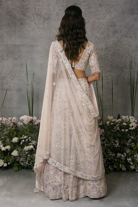 Shop Pritika Vora Pink Lehenga And Blouse Organza Silk Embroidered Thread V Cutdana Bridal Set at Aza Fashions Shop_Pritika Vora_Pink Lehenga And Blouse Organza Silk Embroidered Thread V Cutdana Bridal Set_at_Aza_Fashions