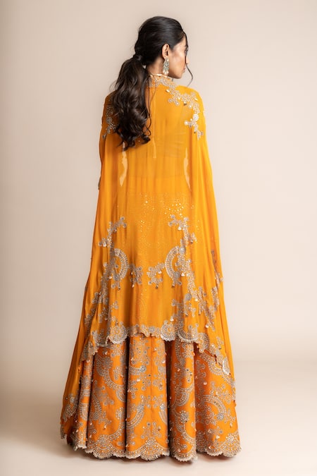 Shop_Nupur Kanoi_Orange Crepe, Satin, Canvas Mirrors, Border Embroidered Cape Lehenga Set _at_Aza_Fashions