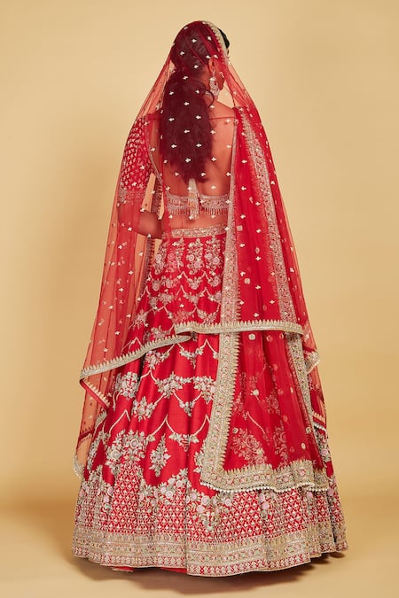 Shop Amrin Khan Maroon Blouse And Lehenga Handloom Raw Silk, Floral Embroidered Bridal Set at Aza Fashions Shop_Amrin Khan_Maroon Blouse And Lehenga Handloom Raw Silk, Floral Embroidered Bridal Set _at_Aza_Fashions