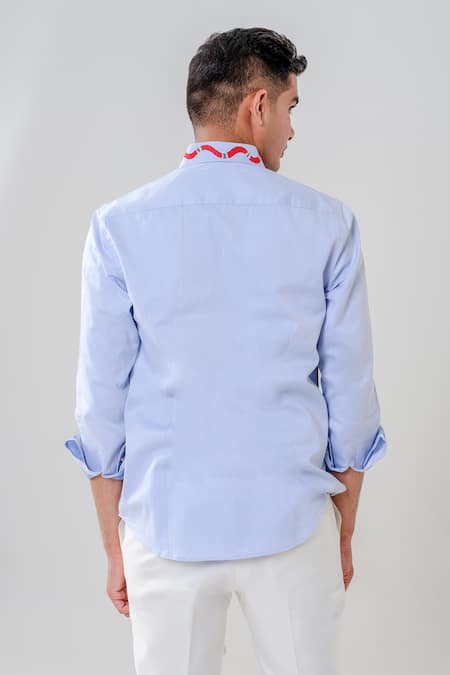 Shop_Amrit Dawani_Blue Cotton Embroidery Motif Painted Shirt _at_Aza_Fashions